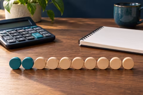 Wooden tokens beside a calculator and notebook illustrating the need to identify a whole group before calculating a percentage.
