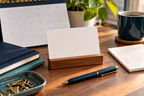 A blank action card, pen and calendar illustrating one specific next step.