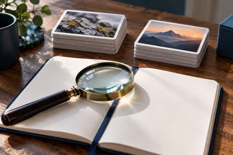 A magnifier over a notebook beside separate evidence cards illustrating observation and interpretation.