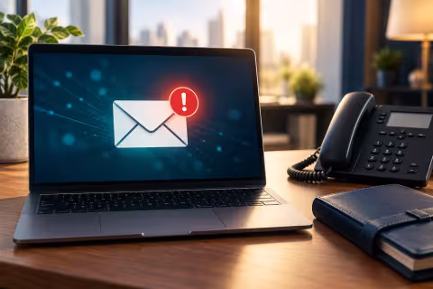 A laptop email symbol beside a separate office telephone and contact directory illustrating independent verification.