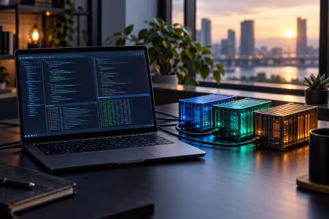 A developer laptop beside miniature computing containers illustrating Linux container workflows on a workstation.