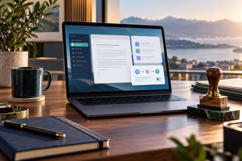 A laptop with three abstract workspace panels and a review stamp illustrating controlled delegation of AI work.