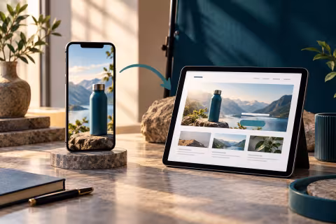 A vertical phone advertisement beside a tablet landing page illustrating a clear campaign destination journey.