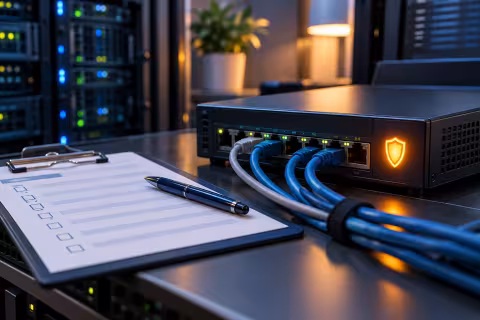 A network gateway appliance, cables and a maintenance checklist illustrating security investigation and updates.