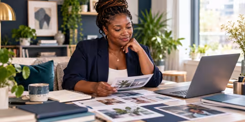 A professional reviewing project examples while preparing a career portfolio.
