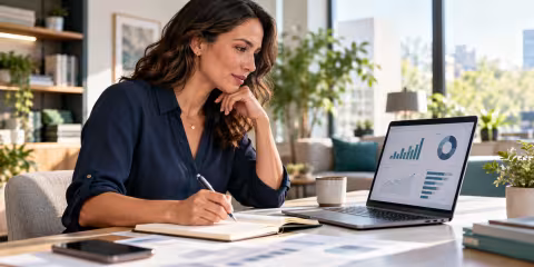 A professional reviewing dashboard charts and recording checks in a notebook.