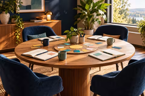 An empty round meeting table with open notebooks and coloured discussion cards illustrating team learning.