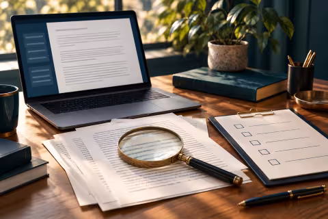 A laptop draft, printed pages and a magnifying glass illustrating verification of AI-assisted work.