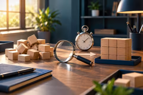 Wooden process blocks, an inspection magnifier and a stopwatch arranged for a small improvement trial.