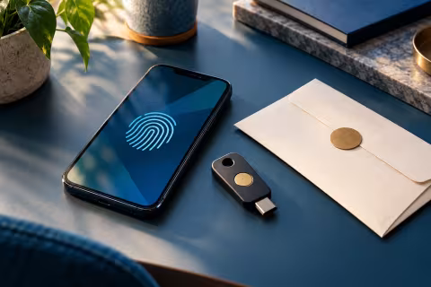 A phone, physical security key and recovery envelope illustrating secure sign-in and recovery planning.
