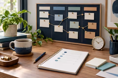 Planning board, linked task cards and a clock arranged for project coordination.