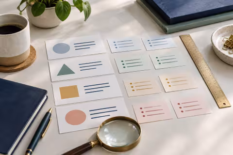 Requirement cards, a magnifying glass and review materials arranged on a desk.