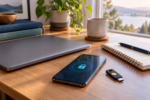 Laptop, phone, security key and recovery notebook arranged for a digital safety review.