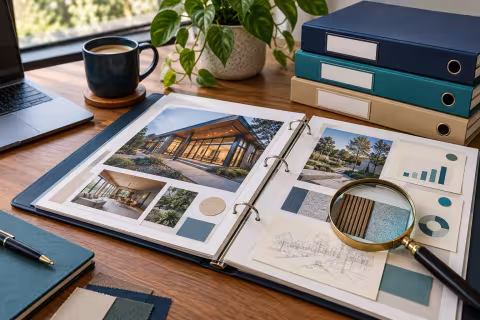 An open portfolio binder, project artefacts and a magnifying glass illustrate selecting evidence for a career portfolio.
