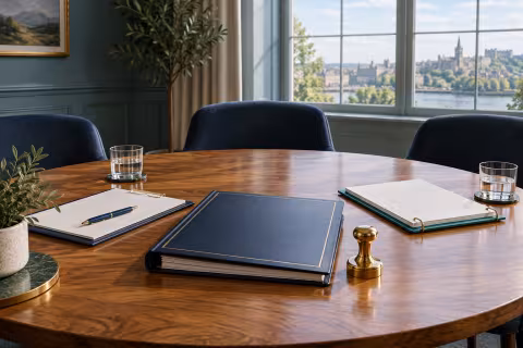 A prepared meeting table with decision papers and an empty chair illustrates a small governance meeting.