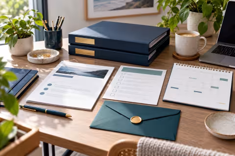 Project folders, a welcome envelope, brief and calendar illustrate coordinated freelance client onboarding.