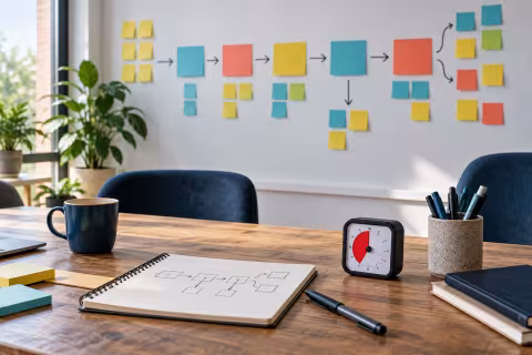 Coloured process notes and arrows on a workshop wall illustrate capturing steps and handovers.