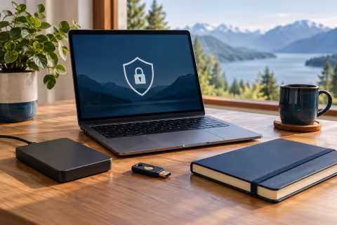 A laptop, separate backup drive, security key and closed recovery notebook illustrate digital safety and recovery.