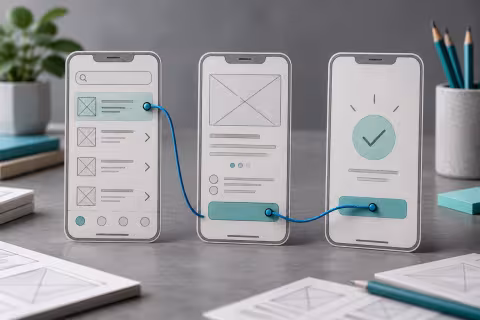 Three paper phone wireframes connected by blue thread illustrate a list, detail and confirmation journey.