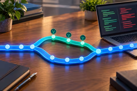 Blue and teal branching paths beside an abstract code comparison illustrate a separate working branch.