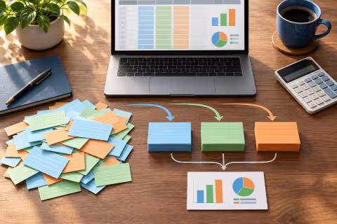 Colour-coded record cards grouped beside a laptop to illustrate summarising source records.