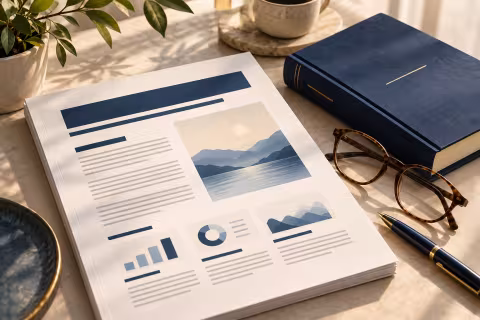 A neatly structured report with visible heading hierarchy beside reading glasses and a book.