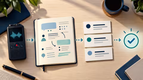 Interview recorder and notebook leading to organised requirement cards and a validation checkmark.